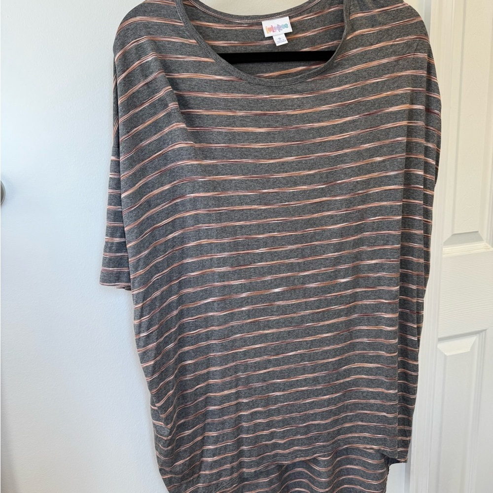 LuLaRoe Gray and Pink Striped Short Sleeve Top
